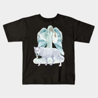 Fantasy Art Winter Angel And Wolf Kids T-Shirt